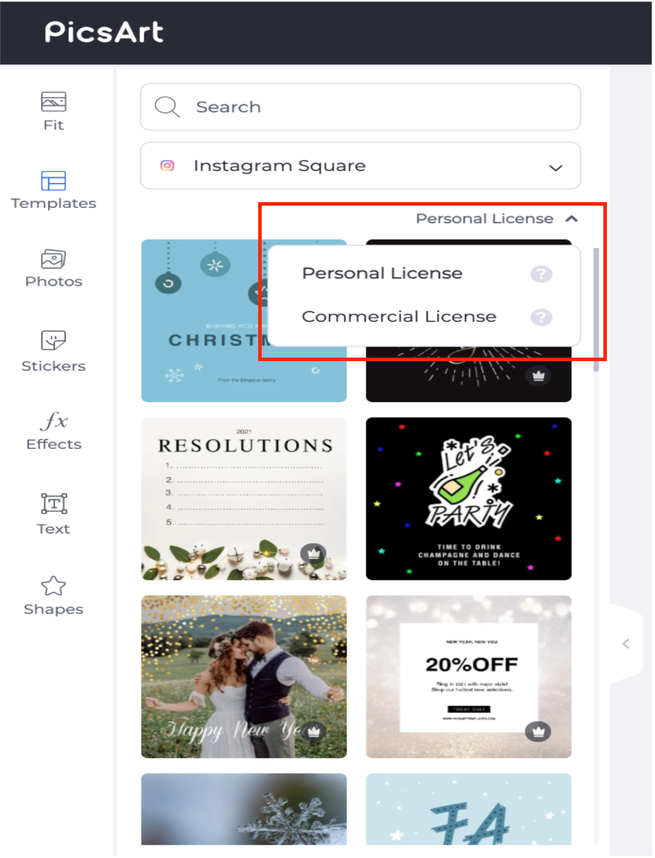 How do I find and use the license filter? PicsArt Help Center